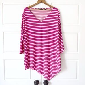 Susan Graver Liquid Knit Striped Tunic Top 3X Pink White Stretch Asymmetrical